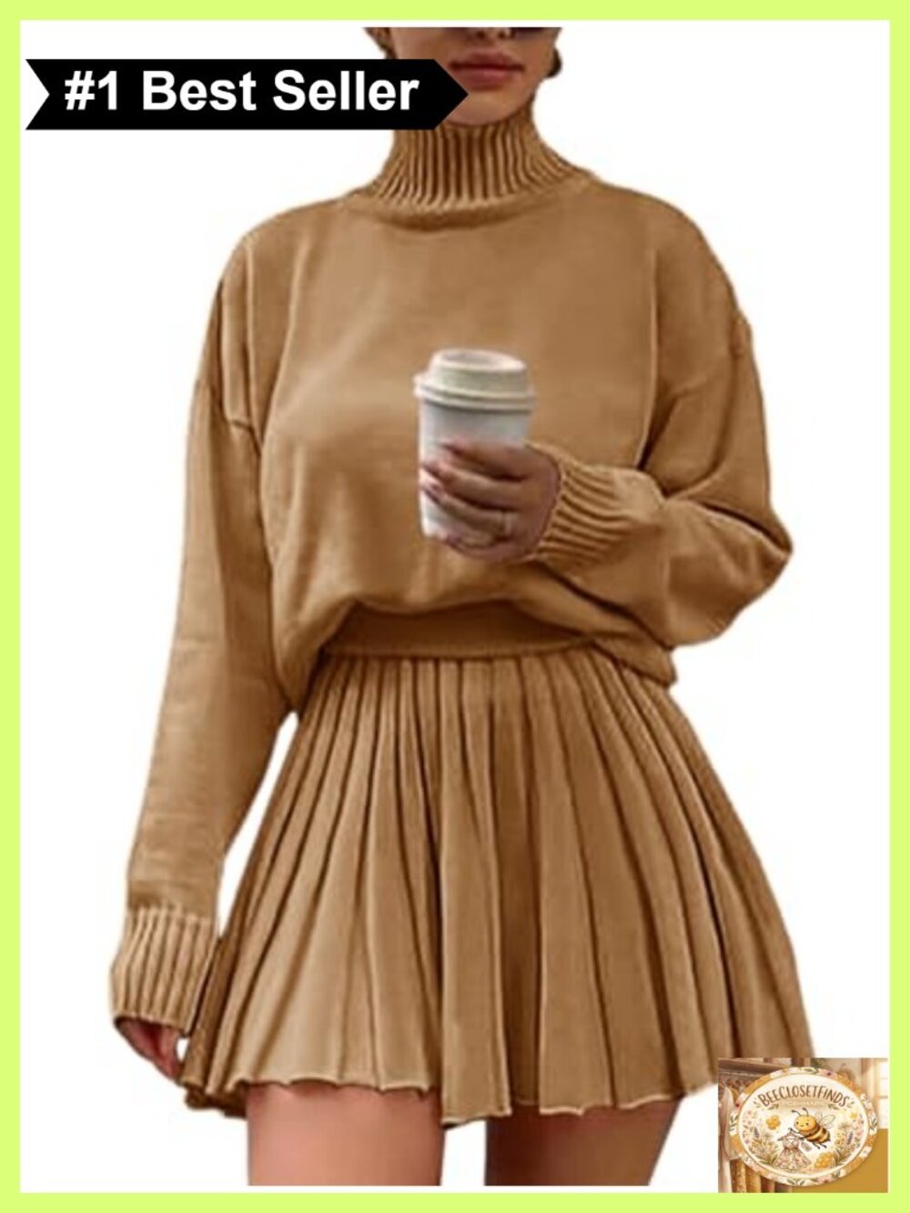 Two Piece Sweater Set Turtleneck Long Sleeve Pullover & Pleated Mini Skirt